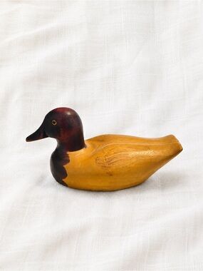 Handcrafted Wooden Duck Figurine in Mustard Yellow and Dark Brown